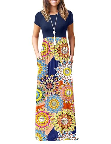 Image of MISFAY Women's Short Sleeve Maxi Dresses Long Casual Dresses with Pockets | Empire Elastic Waist, Crew Neck, Floor Length, Strentchy Flowy A Line Fit, Loose Plain Summer Outfits, Vacation Wear