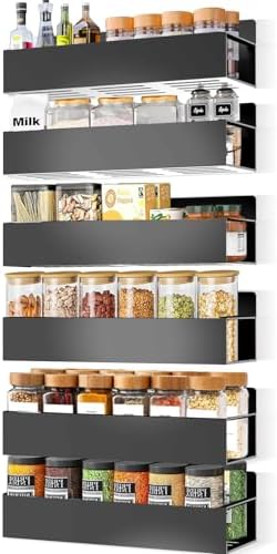 Magnetic Spice Rack Organizer for Fridge Seasoning Organizer for Kitchen storage with Screw or Adhesive Hanging,Magnetic Shelf with Hook for Refrigerator and Oven (6pack)