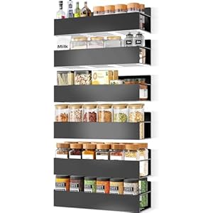 Magnetic Spice Rack Organizer for Fridge Seasoning Organizer for Kitchen storage with Screw or Adhesive Hanging,Magnetic Shelf with Hook for Refrigerator and Oven (Black, 6pack)