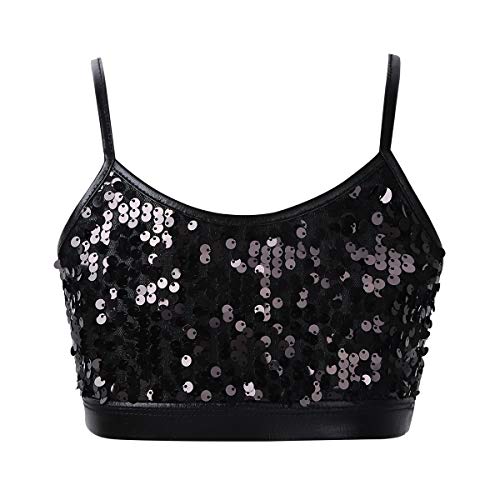 Freebily Paillettes Crop Top Bambina Estivi Glitter Canotta Danza Moderna Camisole Danza Classica da Balletto Top Danza del Ventre Ballerina Ginnastica Reggiseno Sportivo Nero 11-12 Anni
