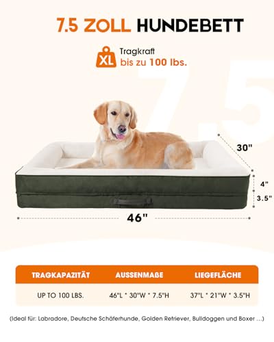 Upvilla Orthopädisches Hundebett XL, Hundekorb Waschbar mit Eierförmiger Kistenschaum,Wasserdicht Hundesofa mit rutschfeste Unterseite und Vierseitiges Kissen (Oliv, 117x76x19cm)