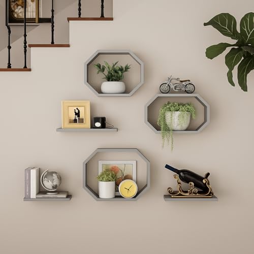 Image of Wall Mounted Floating Shelves Set of 6, Multipurpose Display, Book, Storage & Decor Shelves, Octagon Shape Wooden Wall Shelf for Living Room, Bedroom, Kitchen (Grey)