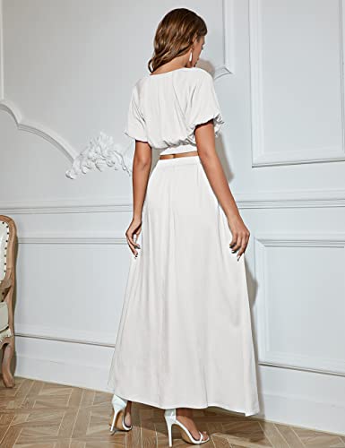 Merokeety Women's Summer Two Piece Outfits V Neck Puff Sleeve Crop Top And Flowy Maxi Skirt Set,White,M #TOP7