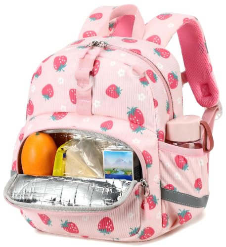 Image of LOIDOU Toddler Backpack for Girls, Kids Backpack with Insulated Pocket | pink strawberry 12 Inch Preshool Kindergarten water-resistant corduroy daycare chest strap, bottle pockets