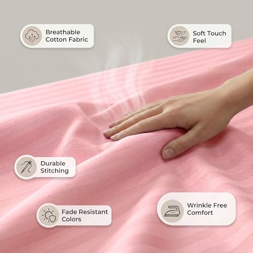 Image of Mafatlal Italian Strip Cotton Bedsheet for King Size Bed with 2 Pillow Covers | 210 TC Pure Cotton Flat Sheet Light Pink | 108 x 108 Inches | Comfortable & Long Lasting