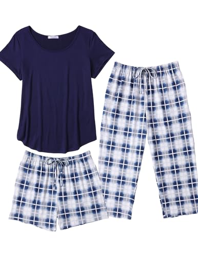 Image of Ekouaer 3 PCS Capri Pajamas for Women Set Short Sleeve Pajama Lounge Sets | Floral Pj Sets Top and Capri Pants Soft Comfy Sleepwear with Pockets for Home, Daily Wear for Mom, Wife, Grandmother