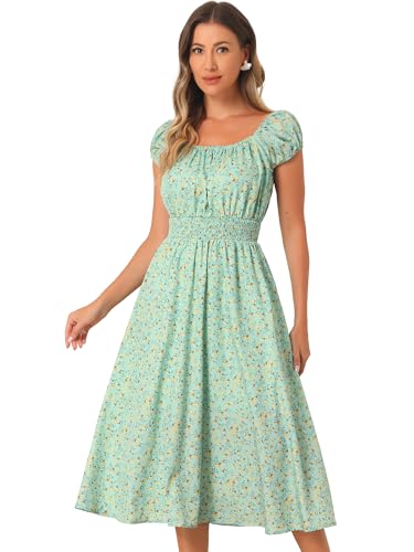 Image of Allegra K Women's Floral Dresses Square Neck Puff Short Sleeves Flare Midi Dress