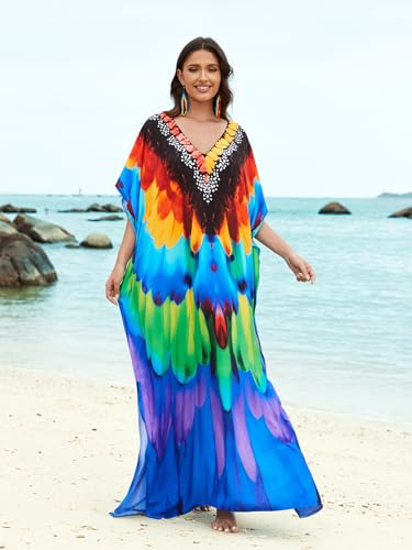 Image of sunforyou Kaftan Dresses for Women Plus Size Lightweight Swimsuit Cover up Batwing Sleeve Print Loungewear Beach Robe