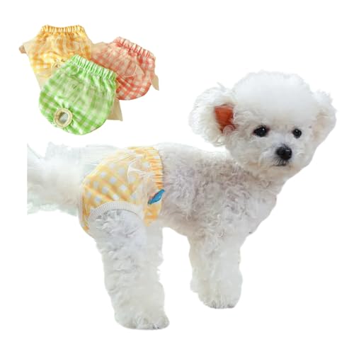 Image of Small Dog Sanitary Panties, Lace Washable Reusable Cute Puppy Panties Pet Underwear Diaper Physiological Shorts for Female Girls Dogs(Plaid 3 Pack,S)