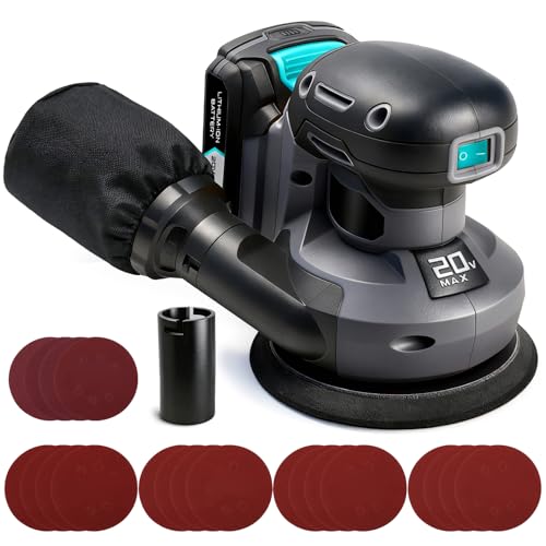 20V Cordless Random Orbital Sander 125mm Electric Hand Sander for Wood 6 Variable Speeds with 2.0A Battery & Charger 20 Sanding Papers Power Tools for Home Improvement Polishing Wood & Wall