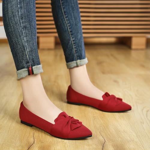 Image of HIULYCENCE Flats for Womens Pointed Toe Ballet Flats with Bow Comfortable Knit Dressy Flats