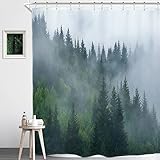 Homewelle Forest Shower Curtain 60Wx72H Foggy Mountain Pine Tree Woodsy Cloudy Landscape Green...