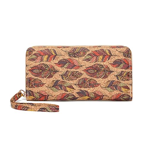 Women's Wallet, Vintage Wood Grain Zipper Wallets, Ladies RFID Blocking Credit Card Holder Wristlet Wallet for Women, Large Capacity Leather Purse Clutch (Feather)