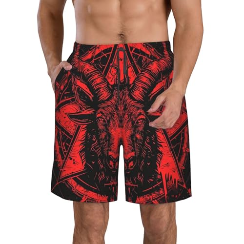 Baphomet Goat Satan Satanic Pentagram Red Black Men's Quick Dry Swim Shorts, Mesh Lined Beach Trunks with Pockets4