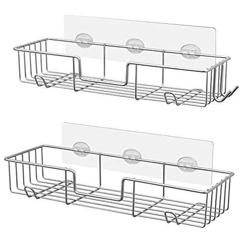 AmazerBath Shower Caddy, Self Adhesive Shower Shelf with 6 Hooks, Bathroom Caddy No Drilling - Rustproof Stainless Steel Shower Storage Wall Mounted, 2 Pack, Chrome Cover