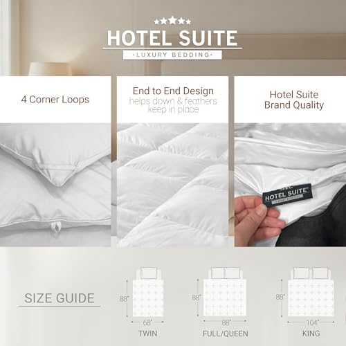Hotel Suite Luxurious Feather and Down Comforter Duvet Insert Full/Queen Size, 100% Cotton Cover, Hotel Collection Quilts, 56 oz Fill Weight, All Season Medium Warmth 88 x 88 Inch White