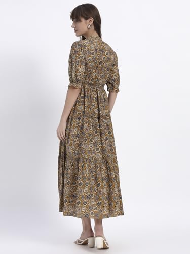 Image of Women's Fit and Flare Dress I Pure Cotton Long Summer Maxi Dress I V-Neck I Casual Wear I Printed Kalamkari Floral Middi