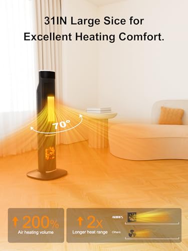 AKIRES 32” Large Floor Portable Electric Heater,1500W Tower Space Heater for Indoor Use,70° Oscillating PTC Ceramic Heater with Thermostat,ECO Mode,Remote Conrtol,24H Timer for Bedroom Living room
