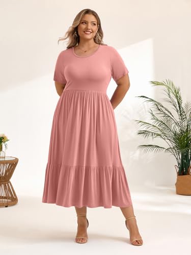 Image of LARACE Plus Size Dresses for Women Summer Casual Short Sleeve Long Dress Flowy Maxi Beach Dresses with Pockets L-6XL