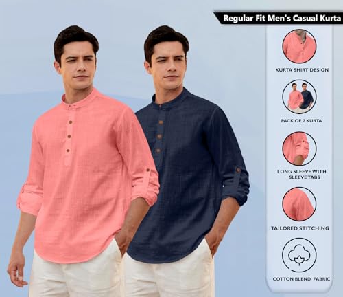 Image of Zombom Men's Combo Cotton Polyester Blend Solid Full Sleeve Straight Regular Fit Mandarin /Chinese Collor Kurta (Pack of 2)