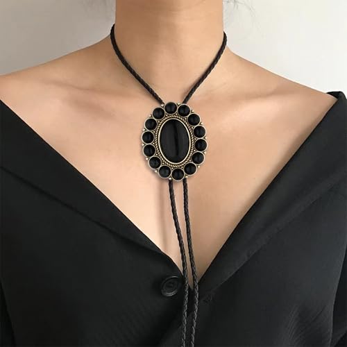 Image of GelConnie Bolo Tie for Men Women Western Cowboy Turquoise Leather Necktie | Natural Stone Bolo Tie Necklace for Women Rodeo Cowboy Leather Necktie Native American Western Cowgirl Ties Adjustable Cord