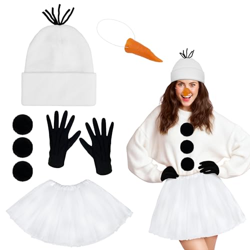 Ueyben Ensemble de costume de bonhomme de neige, bonnet de bonhomme de neige avec jupe tutu, pompons, nez en carotte, gants, accessoires de bonhomme de neige pour femmes, Noël, cosplay
