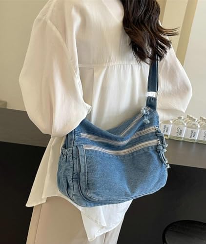 Image of Kawn Denim Shoulder Bag for Women, Canvas Aesthetic Crossbody Bag, Lightweight Hobo Handbags, Retro Messenger Bag for Teen Girls, Casual Style Jeans Purse for everyday Use with Zipper Pockets