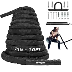 Yes4All Battle Ropes, Workout Rope with Cover, Steel Anchor & Strap Included, Heavy Ropes for Exercise Training – 1.5/2 Inch Diameter, 30, 40, 50 Ft Length
