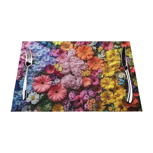 Manteles individuales de PVC antideslizantes y resistentes al calor, con flores florecientes, 30,5 x 45,7 cm, diseño de arcoíris brillante