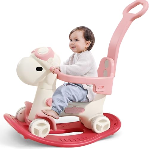 Image of 4 in 1 Rocking Horse for Toddlers 1-3 Years Old, Baby Rocking Toy Fun Birthday Gift for 1+ Kids, Ride on Toy with Guard Rails, Detachable Balance Board and Footrest with Push Handle (Pink)