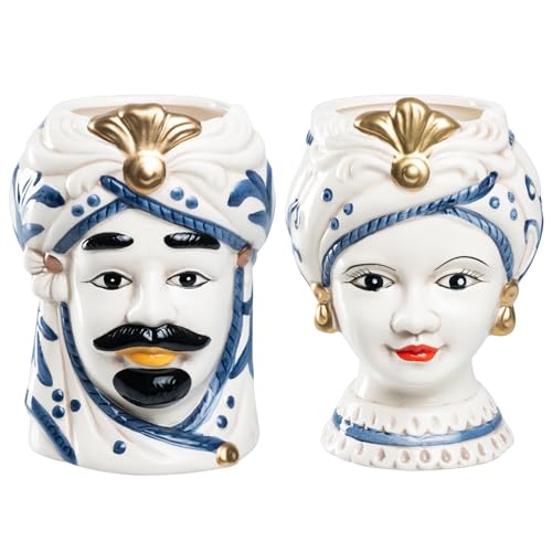 Teste di Moro Coppia Re e Regina Caltagirone, Stile Ceramiche Siciliane, Vaso Testa di Moro in Ceramica Bianco e Blu 12x18 cm