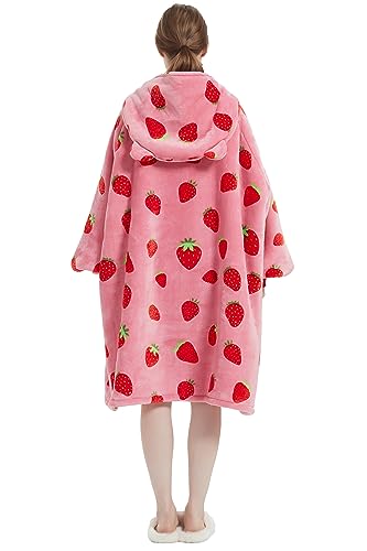 VERTAST Übergroße Hoodie Decken Sweatshirt, Super Warmer Dicke Sherpa Deckenpullover Blanket Hoodie Kuschelpullover für Damen Herren, Rosa Erdbeere