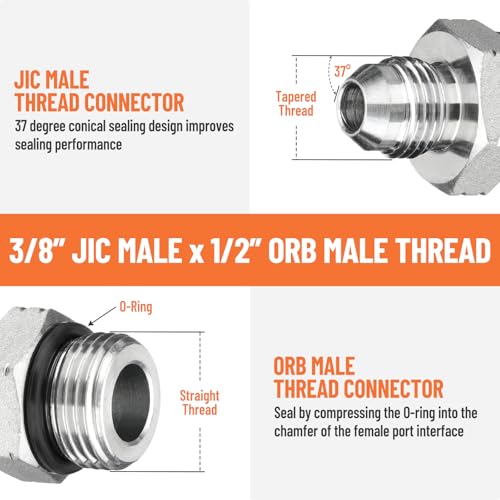 Image of 10 Pack Hydraulic Hose Adapter Fittings: 3 /8 inch JIC 37 Male x #8 SAE /ORB Male, Straight Tube Fitting Kits with Protection Cover