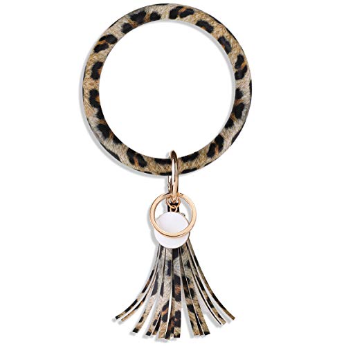 Litthing Pulsera de Cuero Llavero Brazalete Llavero Pulsera de Llavero Redondo O Llavero Cuero Borla Titular Pulsera Llavero (Leopardo)