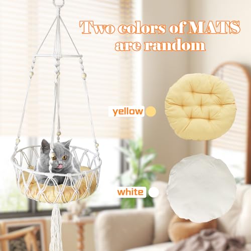 Image of Macrame Cat Hammock Bed,Handwoven Hanging Boho Cat Bed with Hanging Kit for Indoor Outdoor Home Decor Ceiling Catio Swing for Playing Sleeping Climbing and Lounging(15.74x15.74x47.24IN)(L)