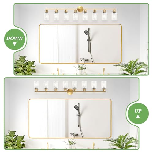 Image of 8-Light Brushed Gold Vanity Lights for Bathroom, Lighting Fixtures Over Mirror with Clear Glass Shade, Modern Kitchen Light Fixtures Wall Lamps Sconce Light - E26 Base