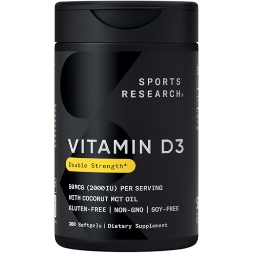 Sports Research Vitamin D3 2000 IU with Coconut MCT Oil - Double Strength Vitamin D Supplement - Non-GMO Verified, Gluten & Soy Free – 50mcg, 360 Liquid Softgels