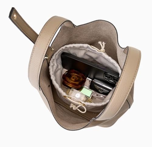 Genuine Leather Tote Bag-7.8 in-Timeless Lychee Texture with Stylish Drawstring Closure Women - Daily Gift (gray)3