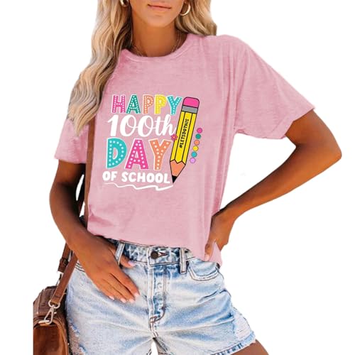 Image of 100th Day of School Shirt for Women Teacher Graphic T-Shirt Funny Teach Short Sleeve Tee Tops