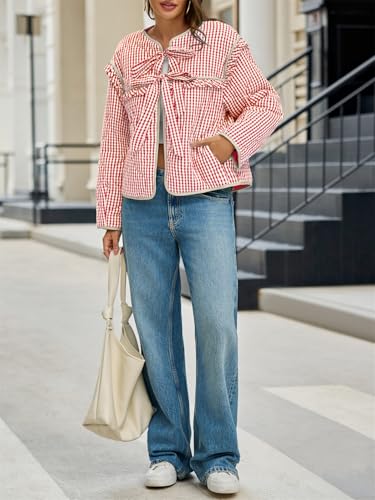 Tankaneo Women's Red Plaid Cropped Jacket with Ruffle Edges and Cozy Pockets - Image 5