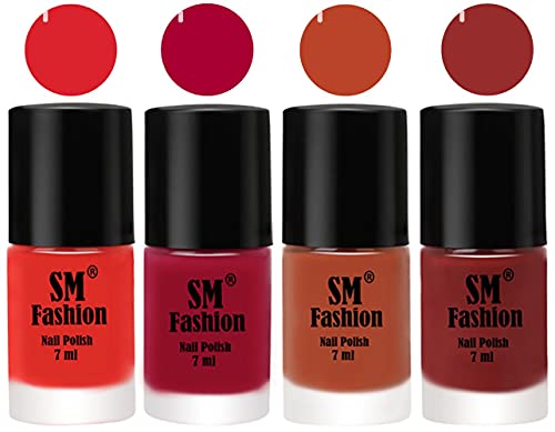 Image of Nail Polish Combo Set (Pack of 4) Quick Dry Gel Finish Nail Paint | Candy Orange,Dark Magenta,Light Coral,Jam | 7 ml Each