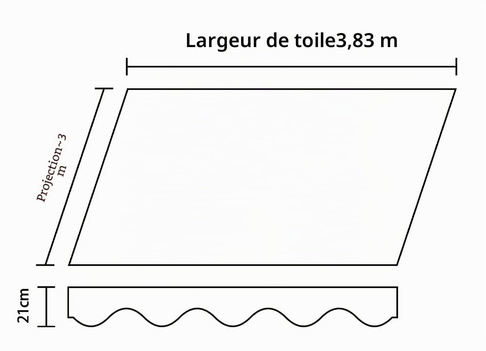 VANA SPD088 Tissu de rechange pour store banne de 4 x 3 m, protection solaire, cousu, sur mesure, 3,83 x 3 m, volant, 3,83 x 0,21 m, design SPD088