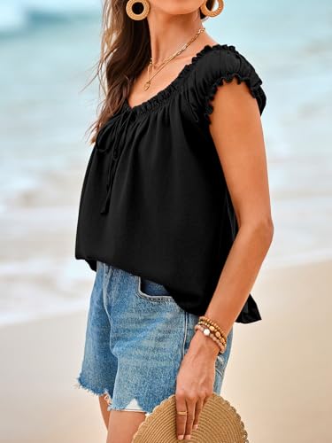 Image of Tankaneo Women Summer Tie Front Tank Tops Cap Sleeve Pleated Babydoll Tops Casual Loose Fit Going Out Flowy Shirt