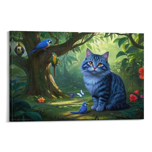 Peinture tableaux forest chat bleu sur toile 40x60cm pour décoration murale moderne