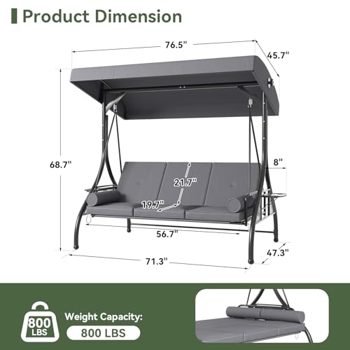 Image of Aoxun Outdoor Porch Swing with Stand and Canopy, 3 Seats Outdoor Swings for Adults, Convertible 2 in 1 Swing Bed with Cup Holder, Patio Swings with Thicken Cushions for Garden, Yard & Balcony, Grey
