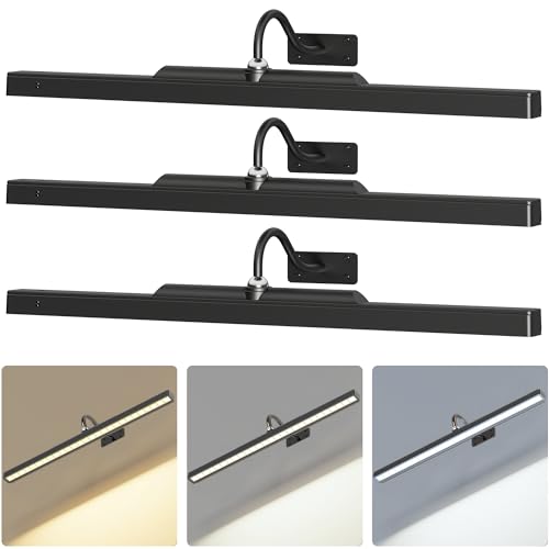Image of 24Inch Picture Lights Battery Powered 6000mAh -3 Pack Black Wireless Remote Control Sconces for Gallery, Living Room, Museum & Large Wall Art