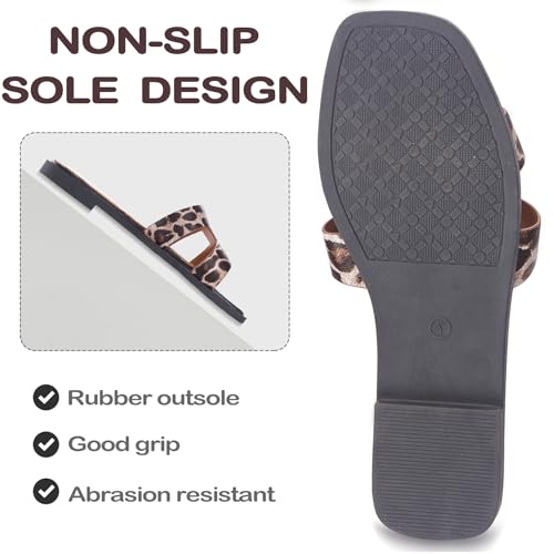 Image of Sandals for Women 2026 Dressy Cute Summer Flat Slides Comfortable Soft Leather for Ladies Casual Square Open Toe Slip On Beach Sandals Leopard Size 6