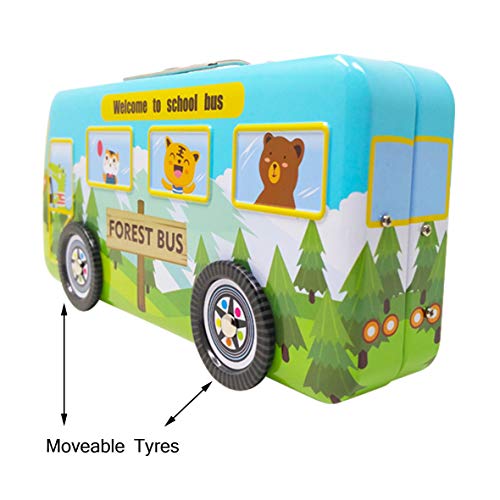 Parteet Multicolour Cartoon Printed School Bus Shape Matal Pencil Box with Moving Tyres for Kids(Assorted Colours)