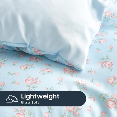 Image of Wake In Cloud - Floral Comforter Set, Coquette Cottagecore Aesthetic Flower Shabby Chic Pattern for Women Teen Girls, Soft Lightweight Bedding, 3 Pieces, Blue Pink, Twin /Twin XL Size