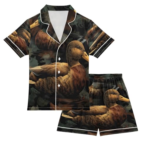 Satin Pajama Sets Short Sleeve Ducks Swimming Camouflage Button Down Silky Nightwear 2 Piece PJS 5-14Y